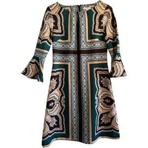 New York & Company Bohemian Dress Women’s Small Green & Gold w/ Flounce Sleeves